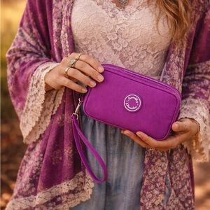 Meetself Purple Nylon Triple Zip Wallet Wristlet Phone Bag Summer Festival NWT